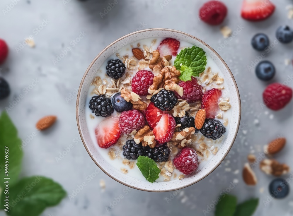 breakfast bowl with fresh berries, milk, and nuts on a grey background. Flat design for a healthy food concept. Oatmeal with fresh berries, milk, and nuts breakfast bowl with fresh berries, milk, and nuts on a grey background. Flat design for a healthy food concept. Oatmeal with fresh berries, milk, and nuts