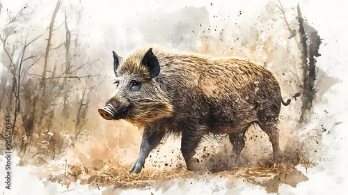 Watercolor Painting of a Wild Boar in a Forest.