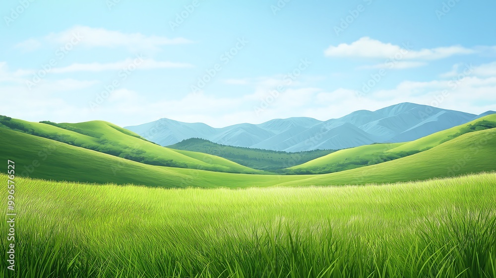 Fototapeta premium Cartoon-style grassy hills with a blue sky, a cartoon-style green grass in the foreground, hills and mountains in the background, a cartoon grassy field