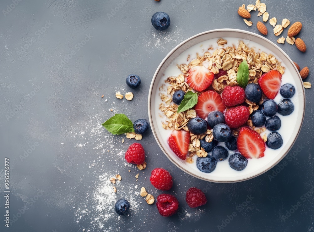breakfast bowl with fresh berries, milk, and nuts on a grey background. Flat design for a healthy food concept. Oatmeal with fresh berries, milk, and nuts breakfast bowl with fresh berries, milk, and nuts on a grey background. Flat design for a healthy food concept. Oatmeal with fresh berries, milk, and nuts