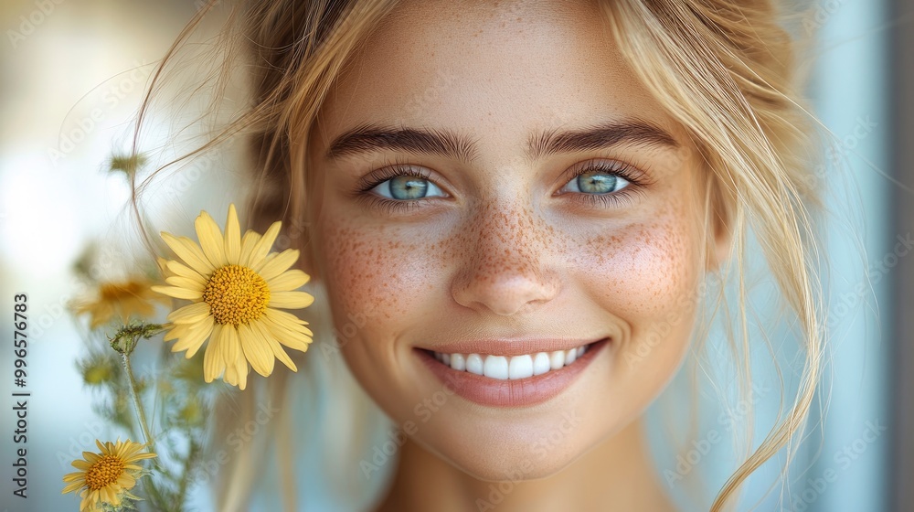 Portrait of a smiling woman with freckles and flowers Portrait of a smiling woman with freckles and flowers