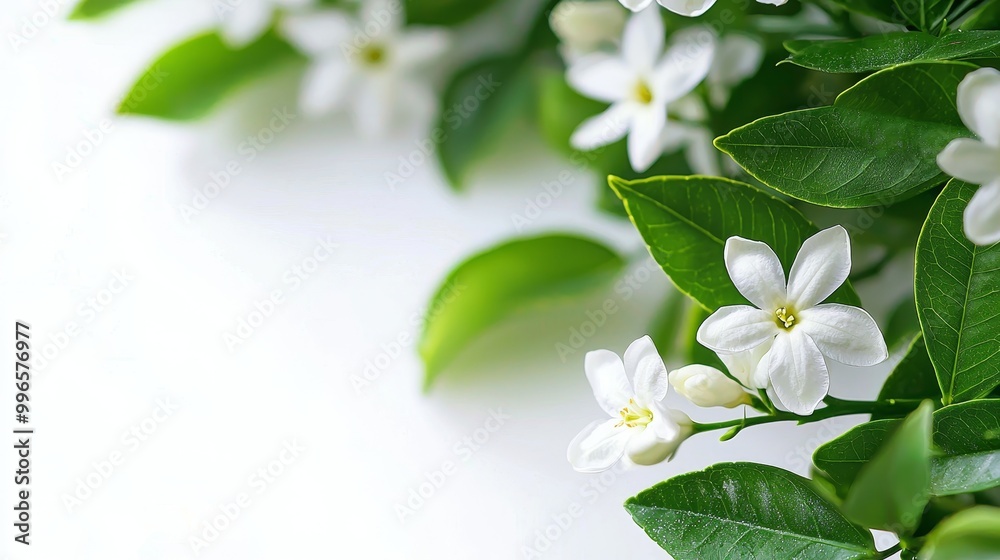 Fototapeta premium Beautiful Serene White Flowers and Gentle Green Leaves Bathed in Natural, Radiant Light