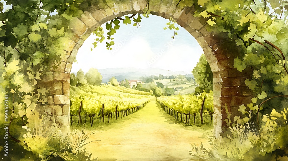 Watercolor Painting of a Vineyard Path through a Stone Archway. Watercolor Painting of a Vineyard Path through a Stone Archway.