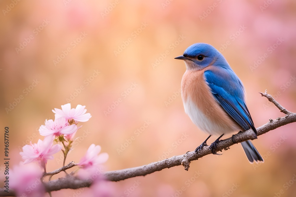 A small bluebird perched on a branch with soft pink flowers on its back and a warm golden bokeh background A small bluebird perched on a branch with soft pink flowers on its back and a warm golden bokeh background