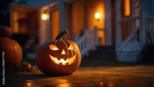 Glowing Jack-o'-lantern with spooky grin on porch at night, perfect for Halloween decoration, Banner with copy space photo