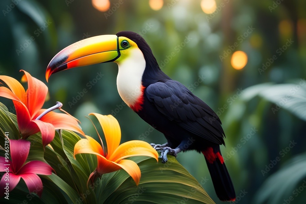 Naklejka premium A toucan with large vibrant tropical flowers growing from its back with a glowing jungle bokeh, Ai generated