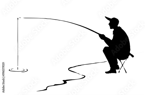 Vector drawing. The fisherman catches the fish