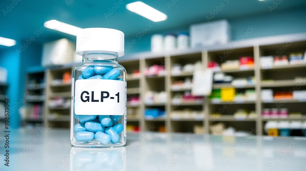 Bottle Labeled GLP-1 in a Modern Laboratory Symbolizing Medical Research and Pharmaceutical Development Bottle Labeled GLP-1 in a Modern Laboratory Symbolizing Medical Research and Pharmaceutical Development