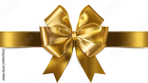 Golden bow and ribbon realistic illustration for Christmas and birthday decorations isolated on white background