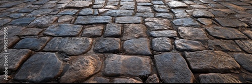 Cobblestone street texture, with uneven stones and weathered surfaces