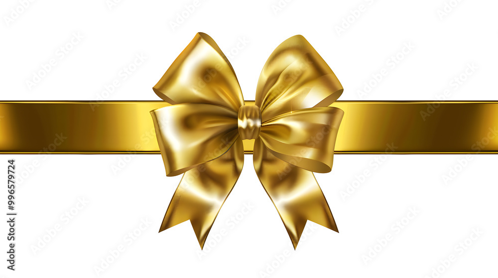 Golden bow and ribbon realistic illustration for Christmas and birthday decorations isolated on white background Golden bow and ribbon realistic illustration for Christmas and birthday decorations isolated on white background