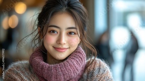 Young Woman with Warm Smile in Knitted Sweater