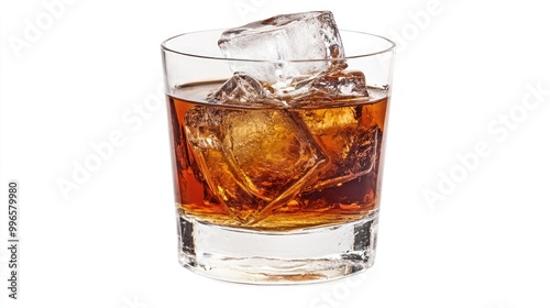 A classic old-fashioned cocktail drink in a clear glass with a large ice cube, isolated against a clean white background, perfect for mixology or drink-related mockups.