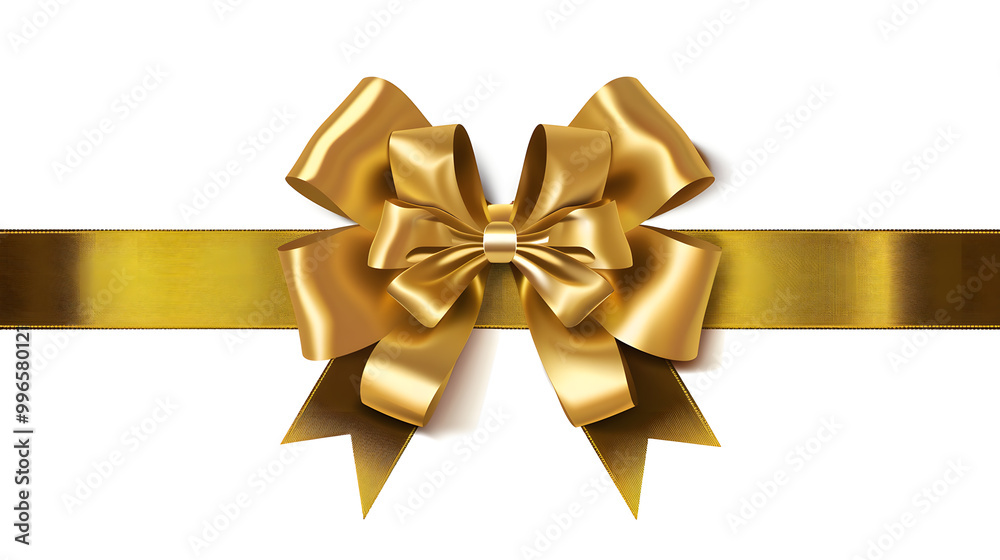 Golden bow and ribbon realistic illustration for Christmas and birthday decorations isolated on white background Golden bow and ribbon realistic illustration for Christmas and birthday decorations isolated on white background