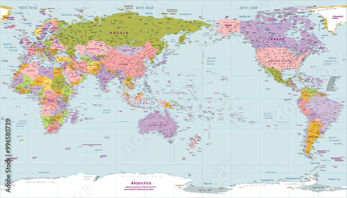 Political world map Asia centered Patterson projection
