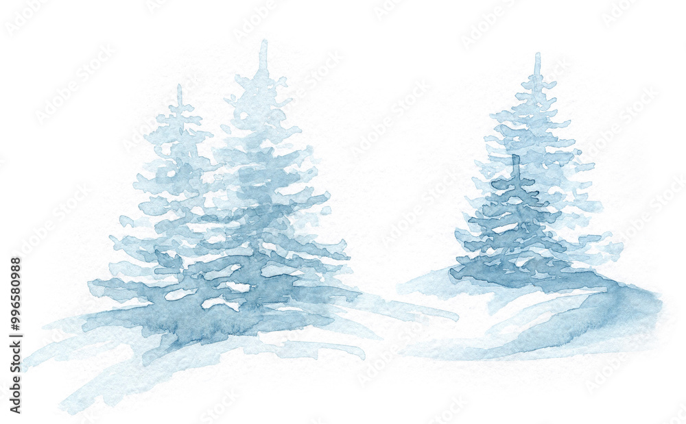 Obraz premium Blue firs watercolor illustration, scene of misty forest