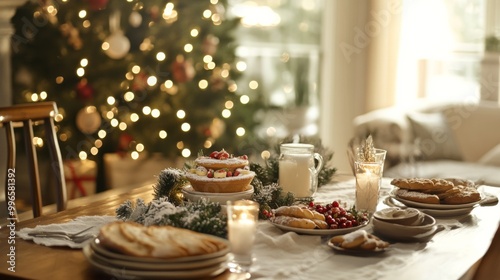 An empty scene featuring (a beautifully set Christmas breakfast table with festive treats), creating an ideal product mockup space, 