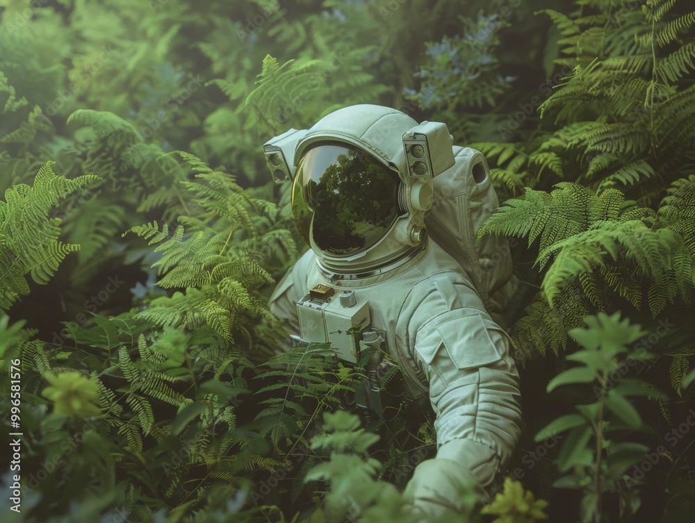 Astronaut in a spacesuit ventures through dense, green foliage in an alien jungle, blending nature with futuristic exploration Astronaut in a spacesuit ventures through dense, green foliage in an alien jungle, blending nature with futuristic exploration