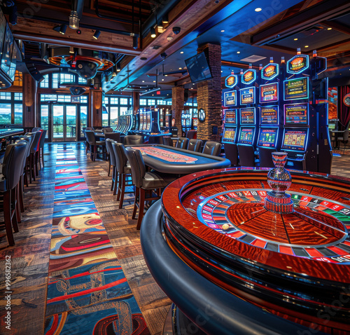 A vibrant casino filled with slot machines, roulette tables, and televisions showcasing live gaming