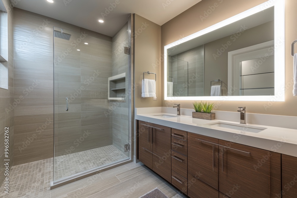 a modern bathroom with a walk-in shower, a double sink vanity, and a large mirror with led lighting