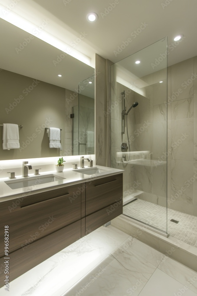 a modern bathroom with a walk-in shower, a double sink vanity, and a large mirror with led lighting