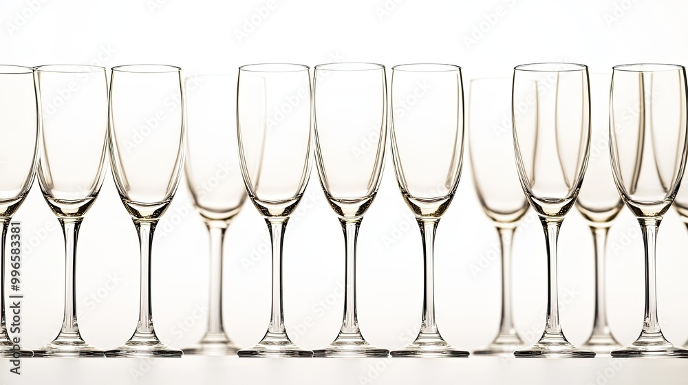 A refined display of champagne glasses arranged neatly with ample white space around them, offering room for text, perfect for elegant celebrations or event invitations.