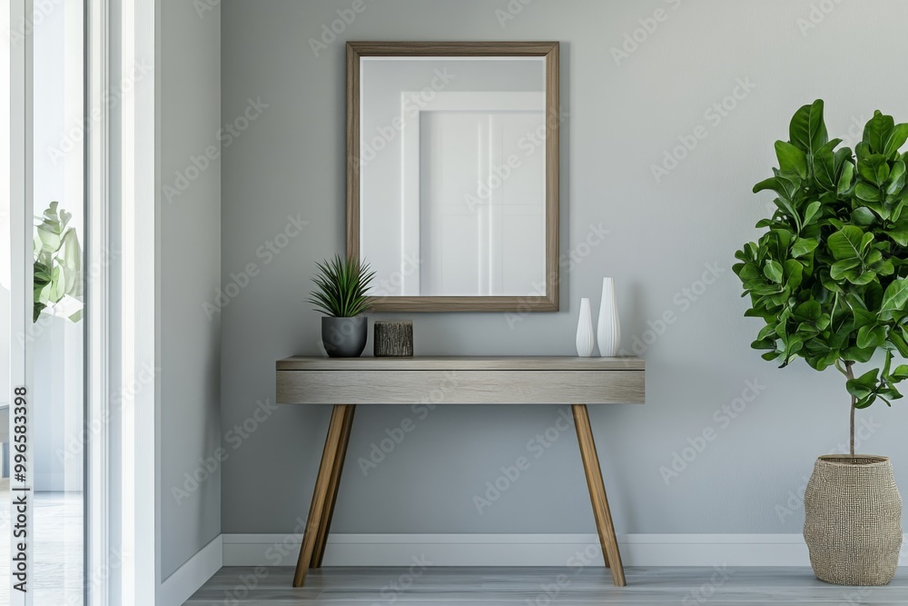a modern entryway with a console table and a mirror a modern entryway with a console table and a mirror