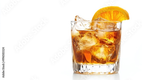 A perfectly crafted old-fashioned cocktail, presented in a glass with ice and garnish, isolated on a clean white background, ideal for cocktail menus or drink-related designs.