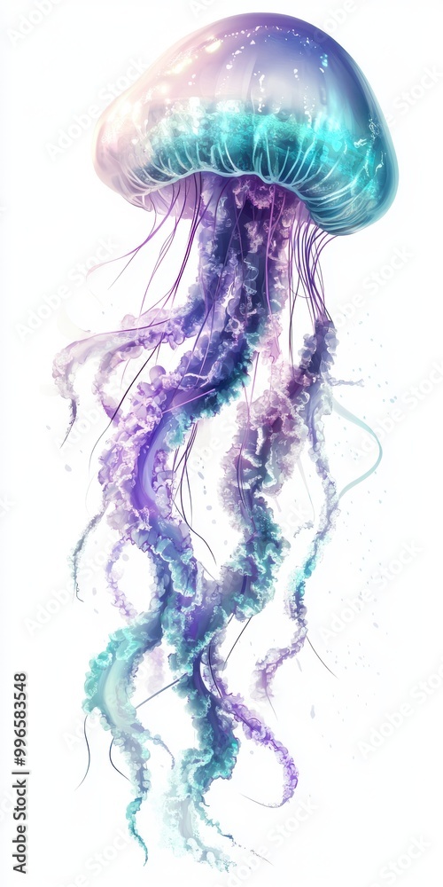 Fototapeta premium A mesmerizing jellyfish illustration showcasing vibrant colors and delicate tentacles in a graceful underwater scene.