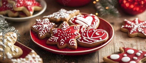 Festive Holiday Cookies on a Red Plate