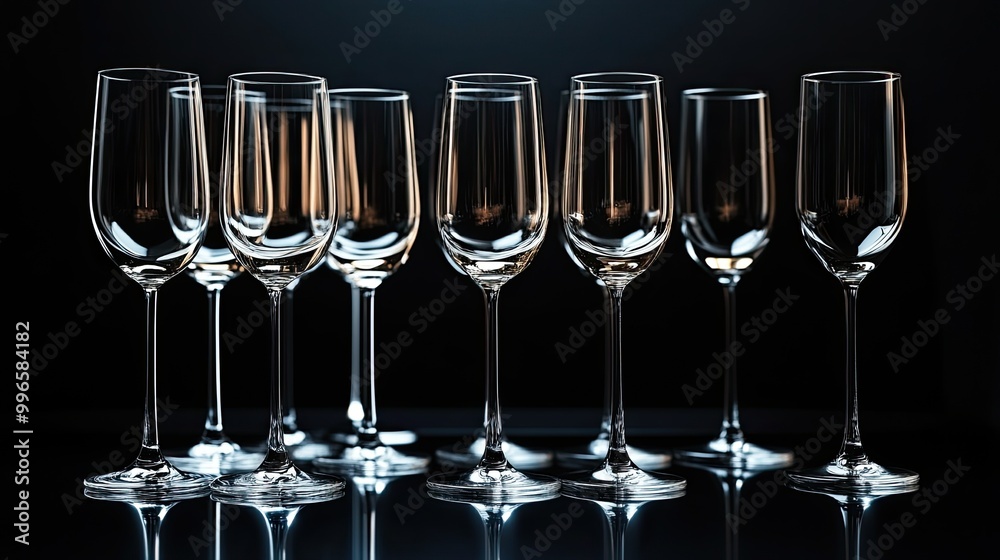 A set of elegantly arranged champagne glasses on a sleek table with space for text, perfect for celebrations, luxury branding, or event invitations.