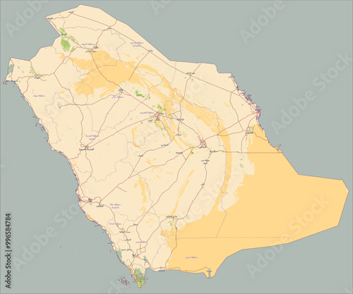 Saudi Arabia map with labels in Arabic