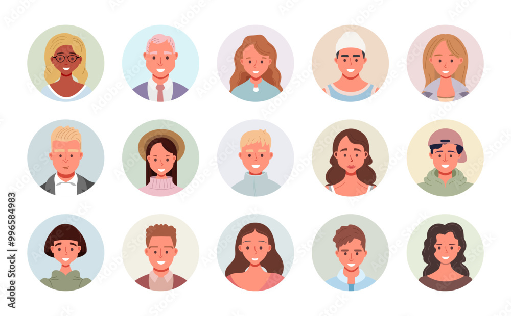 Set of diverse people face icon. Vector illustration of multiethnic user avatars in circles. Male and female human portraits.
Set of diverse people face icon. Vector illustration of multiethnic user avatars in circles. Male and female human portraits.
