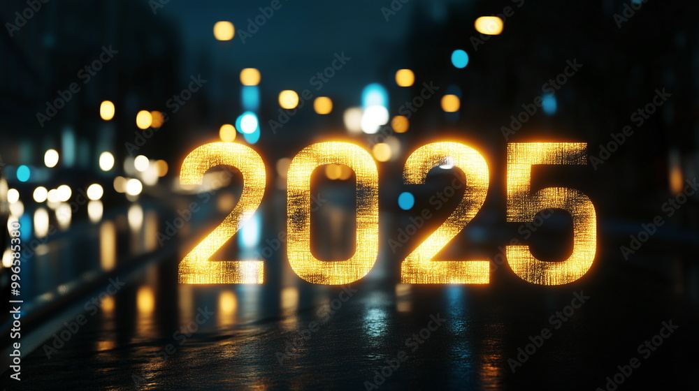 2025 in gold, glowing and blurred with motion blur, on the background of dark street lights, high-speed photography 2025 in gold, glowing and blurred with motion blur, on the background of dark street lights, high-speed photography