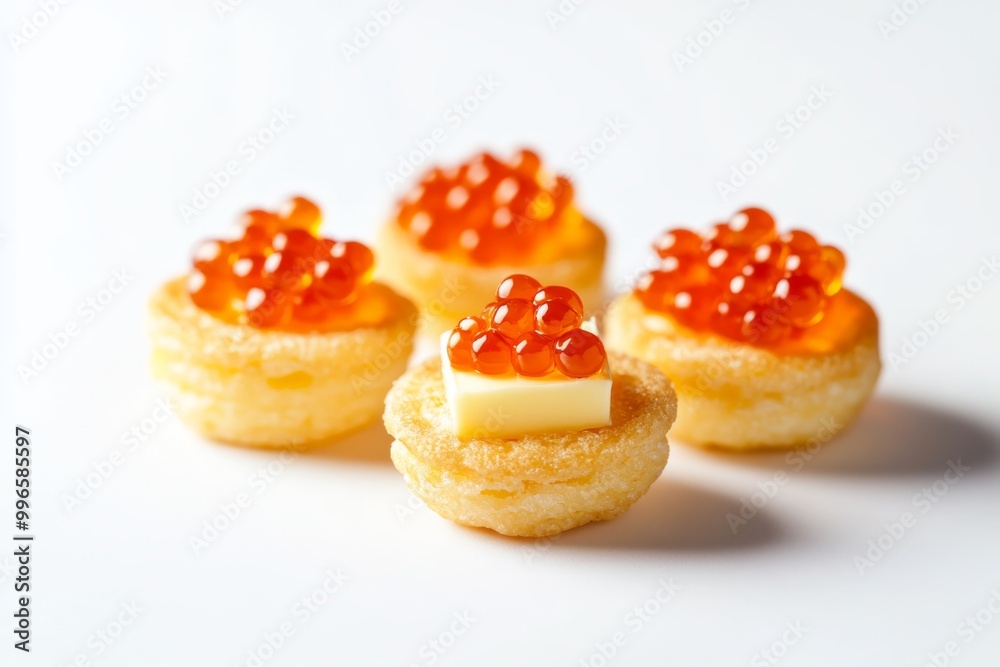 a mouthwatering canapã© consisting of a crispy portion cracker, a pat of golden butter, and a delicate sprinkle of red caviar, perfectly arranged on a pure white background. a mouthwatering canapã© consisting of a crispy portion cracker, a pat of golden butter, and a delicate sprinkle of red caviar, perfectly arranged on a pure white background.