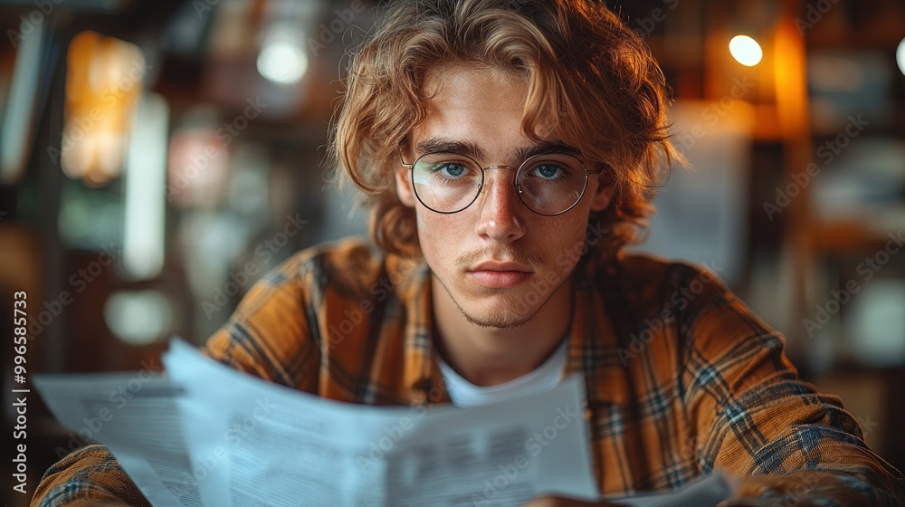 Young man with glasses reading a document