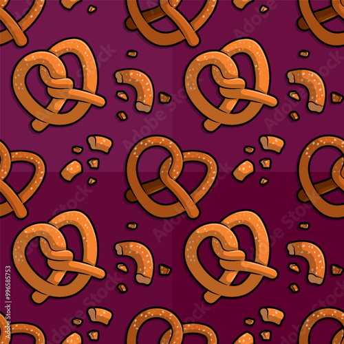 Fun Line Cartoon Pattern Illustration Showcasing Pretzel and Bread Crumbs Pieces with Sugar Sprinkles Ideal for Sweet Snack and Treat Graphics