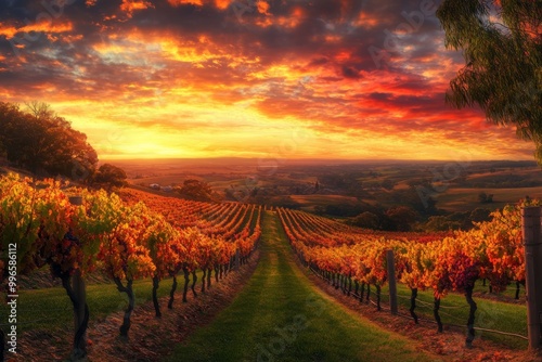 a panoramic view of a vineyard in adelaide hills, with rows of grapevines stretching towards the horizon, laden with ripe grapes, under a vibrant autumn sky with hues of orange, yellow, and red.