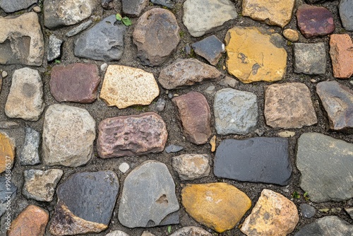 Cobblestone street texture, with uneven stones and weathered surfaces