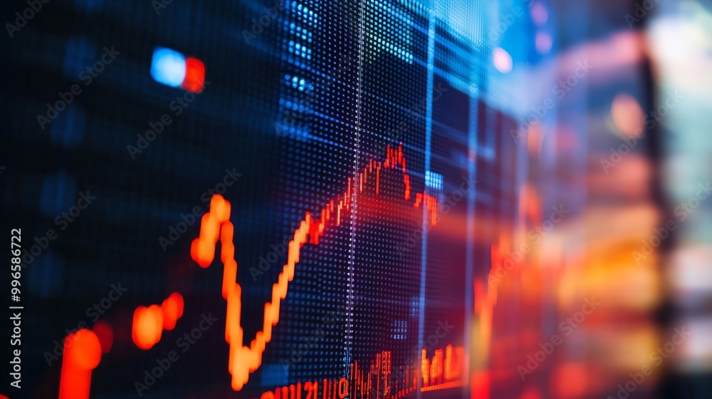 Close-up of digital screen showing downward-trending line graph symbolizing rate cut in financial markets, clean background for copy space, professional financial analysis concept. Close-up of digital screen showing downward-trending line graph symbolizing rate cut in financial markets, clean background for copy space, professional financial analysis concept.
