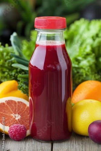 Bottled fresh red juice with fruits and greens in the background