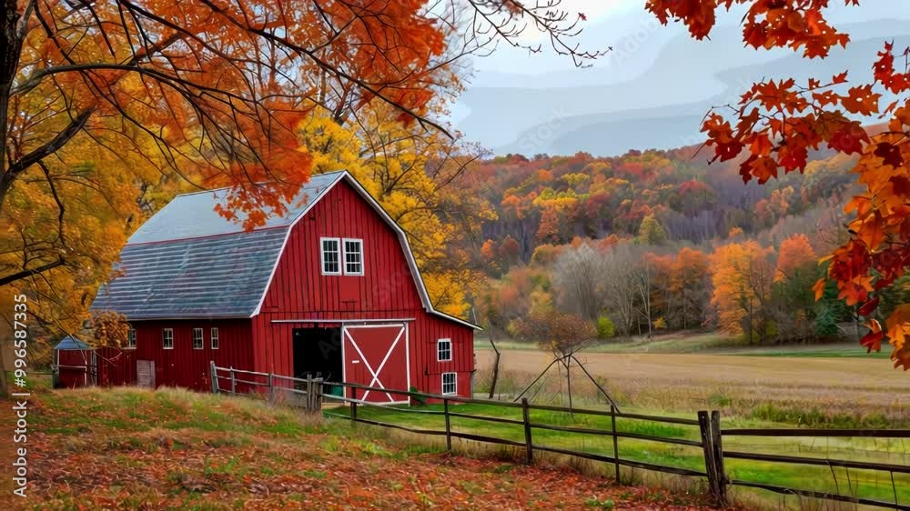 A serene autumn scene featuring a red barn surrounded by colorful trees and rolling fields, evoking a sense of rural tranquility A serene autumn scene featuring a red barn surrounded by colorful trees and rolling fields, evoking a sense of rural tranquility
