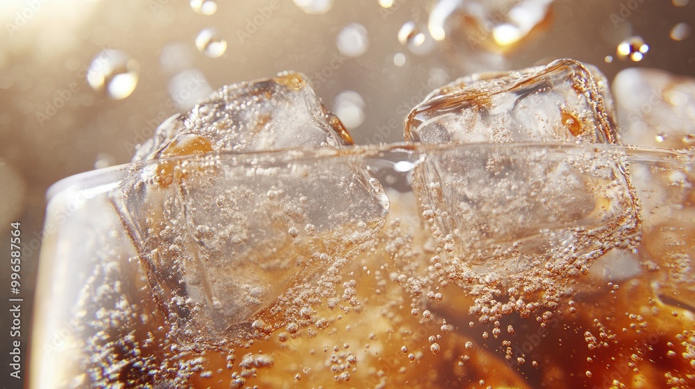 Close-up of ice cubes floating in a glass of soda with bubbles dancing to the surface, showcasing the dynamic textures and refreshment of a cold drink. Close-up of ice cubes floating in a glass of soda with bubbles dancing to the surface, showcasing the dynamic textures and refreshment of a cold drink.