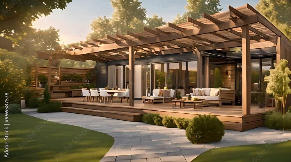 Back yard house exterior with spacious wooden deck with patio area and attached pergola 4k animation Back yard house exterior with spacious wooden deck with patio area and attached pergola 4k animation