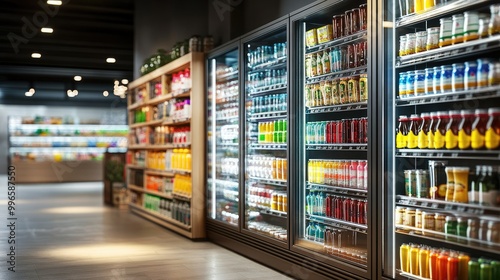 Brightly lit refrigerated shelves filled with a colorful assortment of beverages, creating a refreshing and inviting scene in a modern, stylish grocery store.