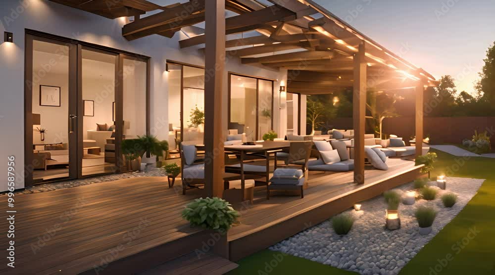 Back yard house exterior with spacious wooden deck with patio area and attached pergola 4k animation Back yard house exterior with spacious wooden deck with patio area and attached pergola 4k animation