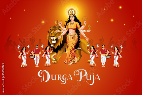 Joyous Durga Puja Goddess Durga on a Lion with Eight Arms People Dancing and Playing Dhol Lit Diya Lamps in the Background and Durga Puja Text in Decorative Font
