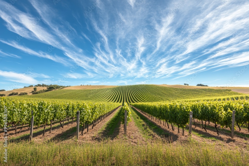 custom made wallpaper toronto digitala serene landscape of rolling hills and vineyards in adelaide hills, with rows of grapevines heavy with ripe fruit, under a clear blue autumn sky with a few wispy clouds.