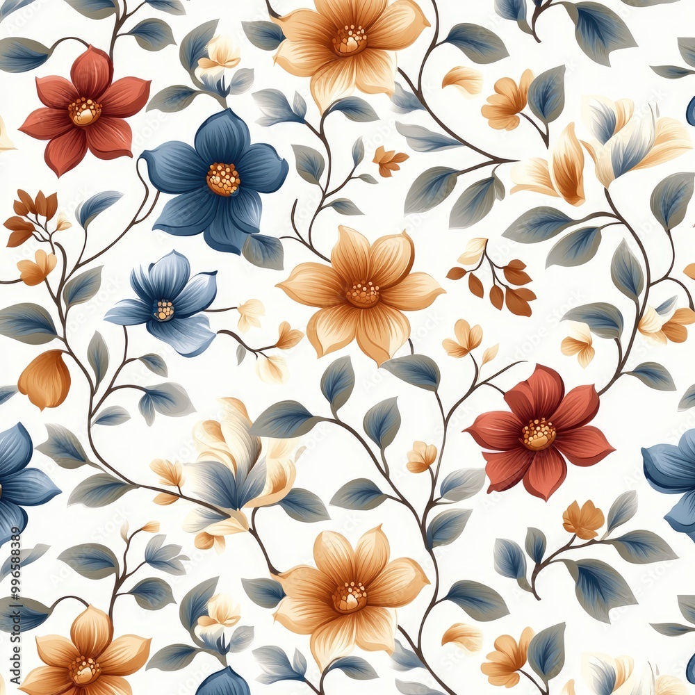 A vibrant floral pattern featuring a variety of flowers and leaves, perfect for textile design or wallpaper. A vibrant floral pattern featuring a variety of flowers and leaves, perfect for textile design or wallpaper.