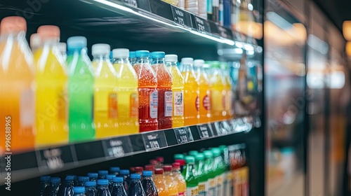 Shelves packed with colorful drinks in a modern store's refrigerated section, showcasing a wide selection of chilled beverages in a bright, contemporary retail setting.